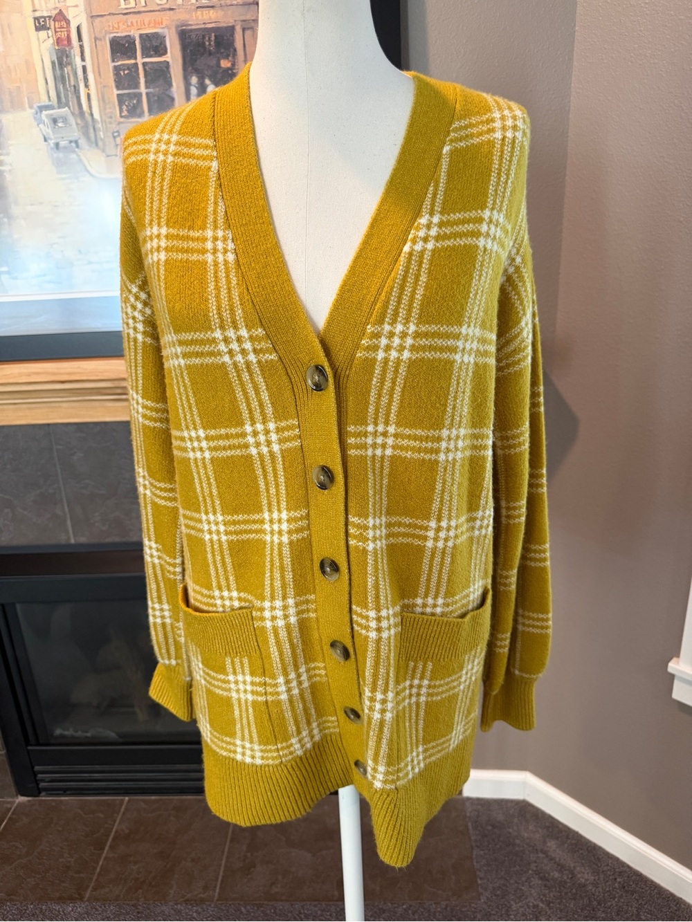 LOFT Mustard Yellow Plaid Button Cardigan